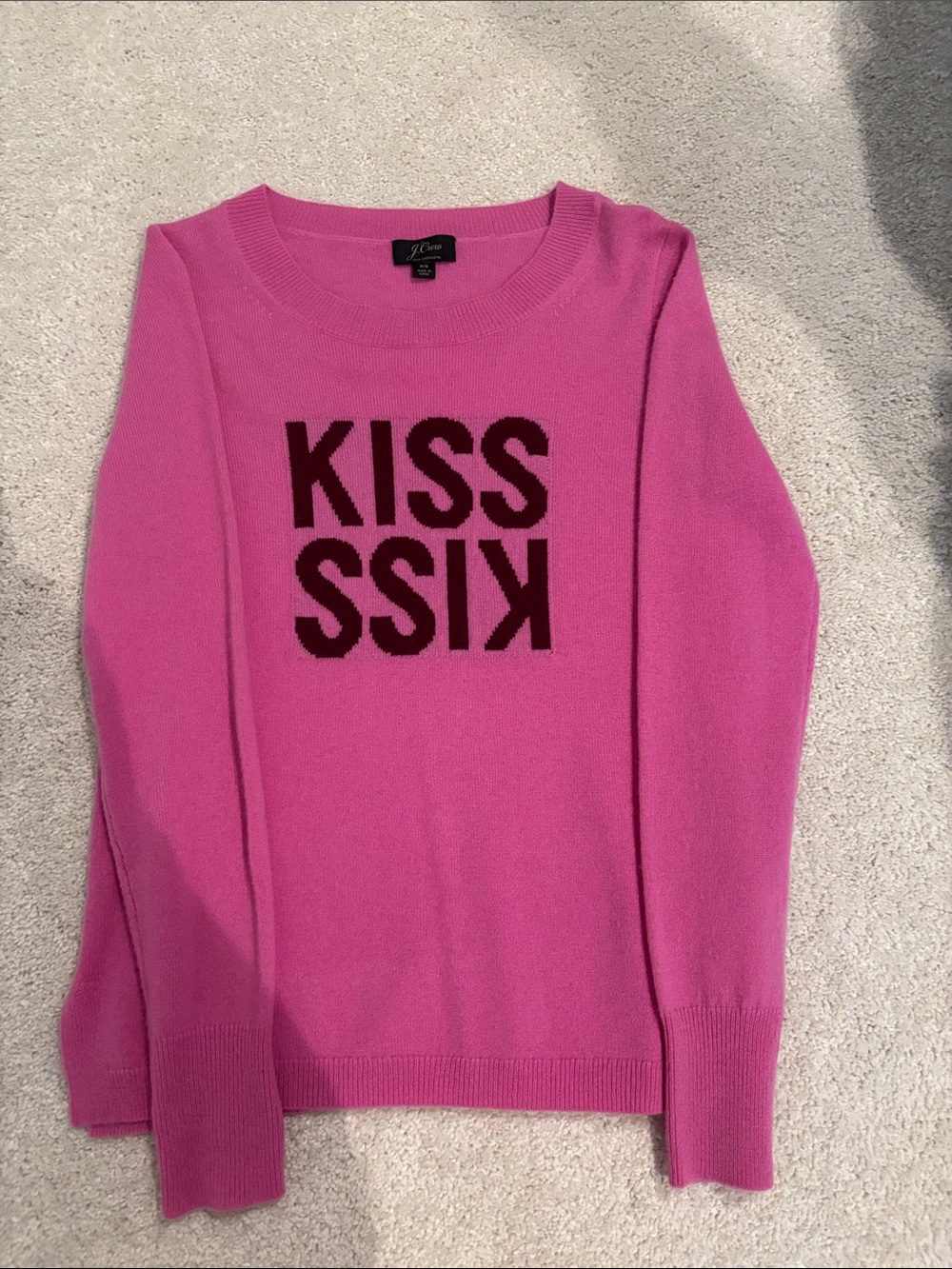 J. Crew Hot Pink 'KISS' 100% cashmere Graphic Crewneck Sweater